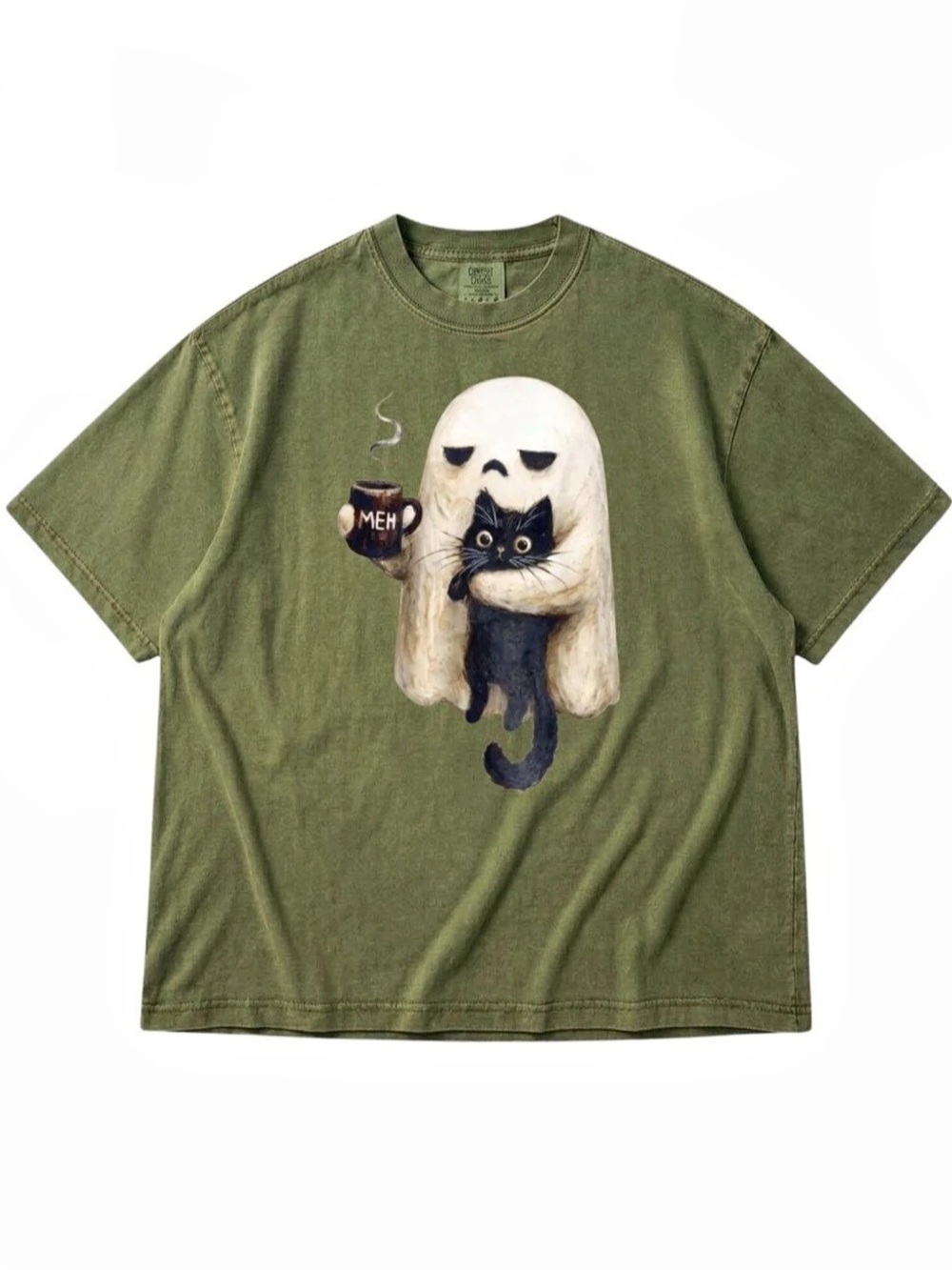 Meh Ghost & Black Cat Coffee Graphic Tee Cat Graphic Short Sleeve Tee in Moss